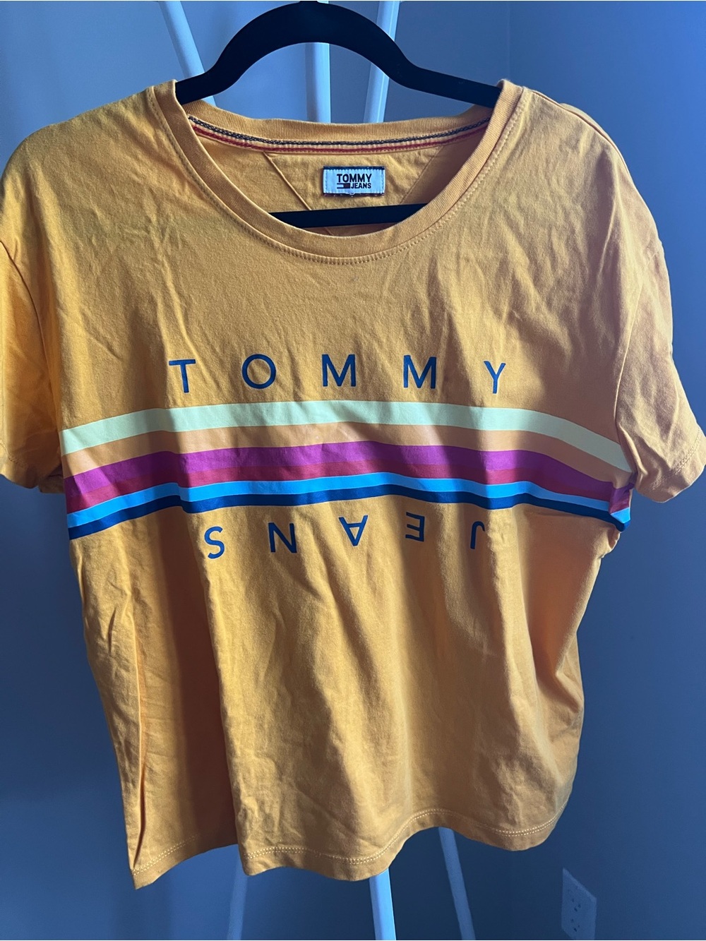 Tommy Hilfiger Yellow Short Sleeve Tee with Multicolor Stripes